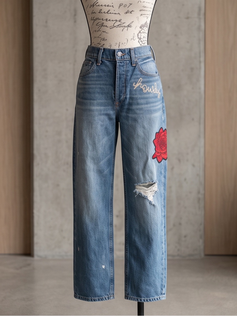 Ariat Medium Blue Straight-Leg Jeans with Red Rose Patch